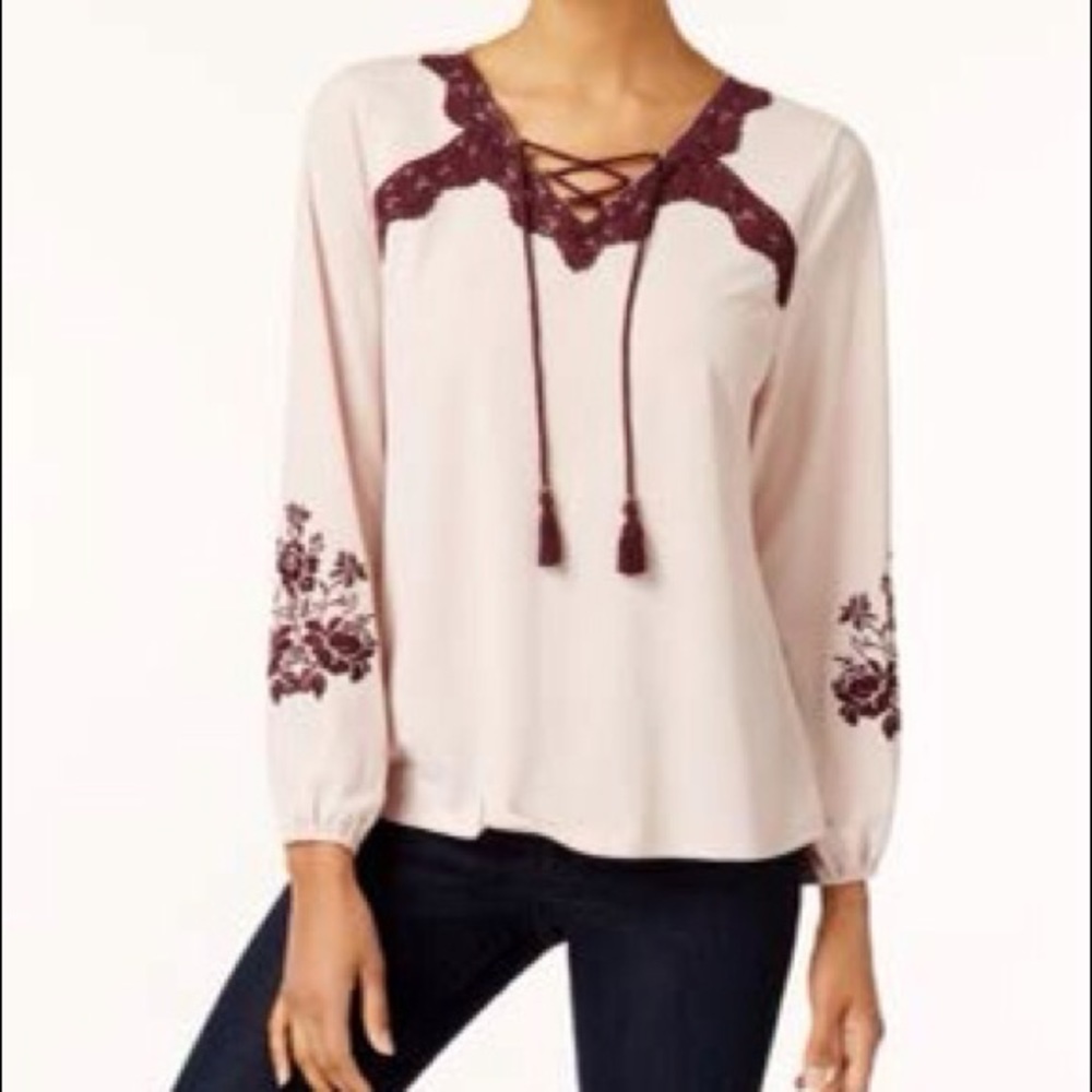 ☀️Style & Co Lace Up Embroidery Blouse Peony Blush